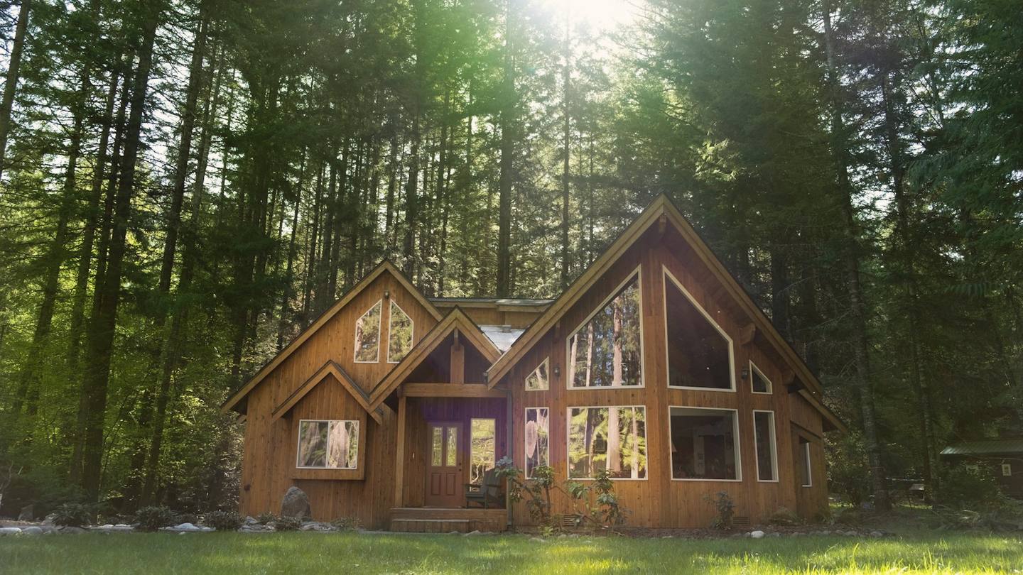 A modern dark-timber house with a deck, deep in a green forest